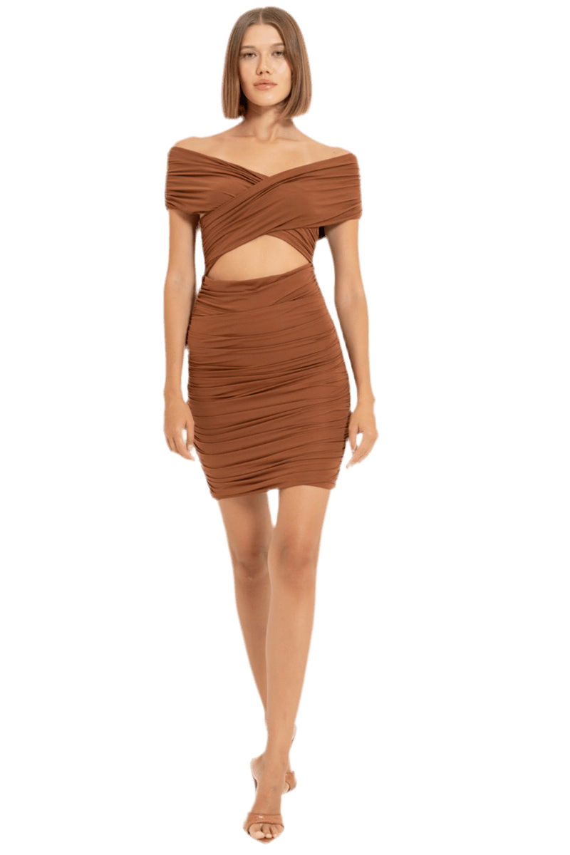 CROSS-YOKE SHIRRED DRESS