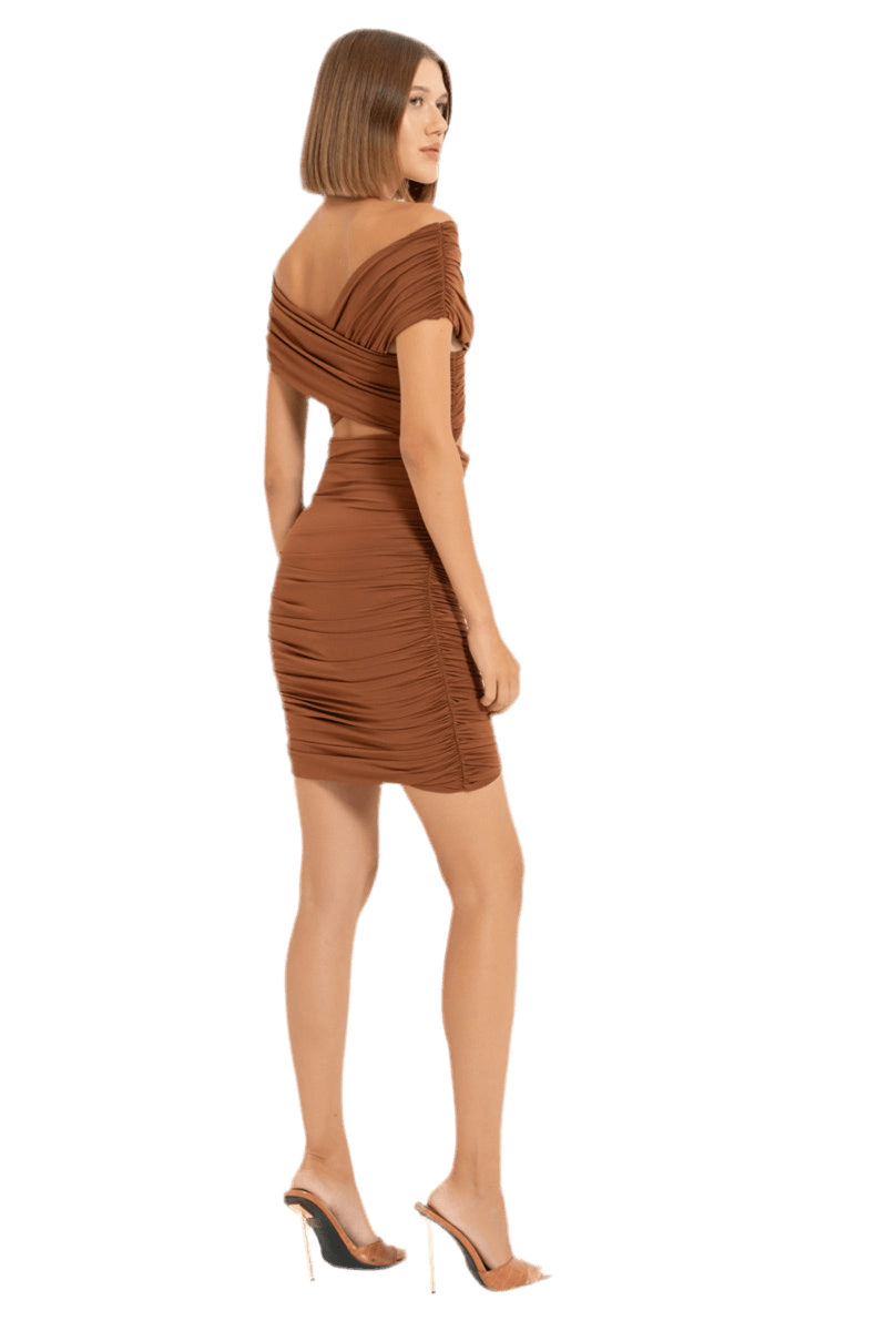 CROSS-YOKE SHIRRED DRESS