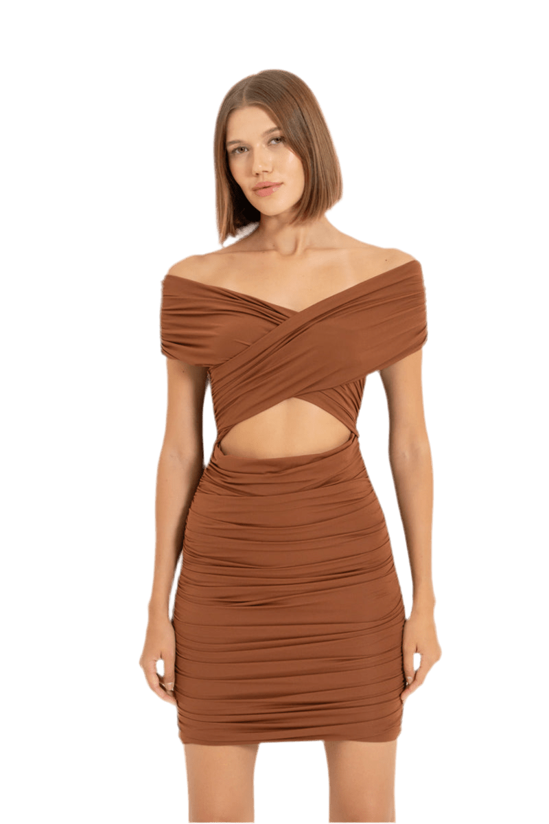 CROSS-YOKE SHIRRED DRESS