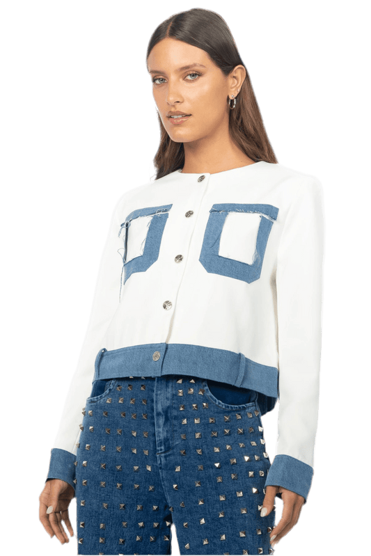 DENIM CONTRAST BUTTON BLOUSE