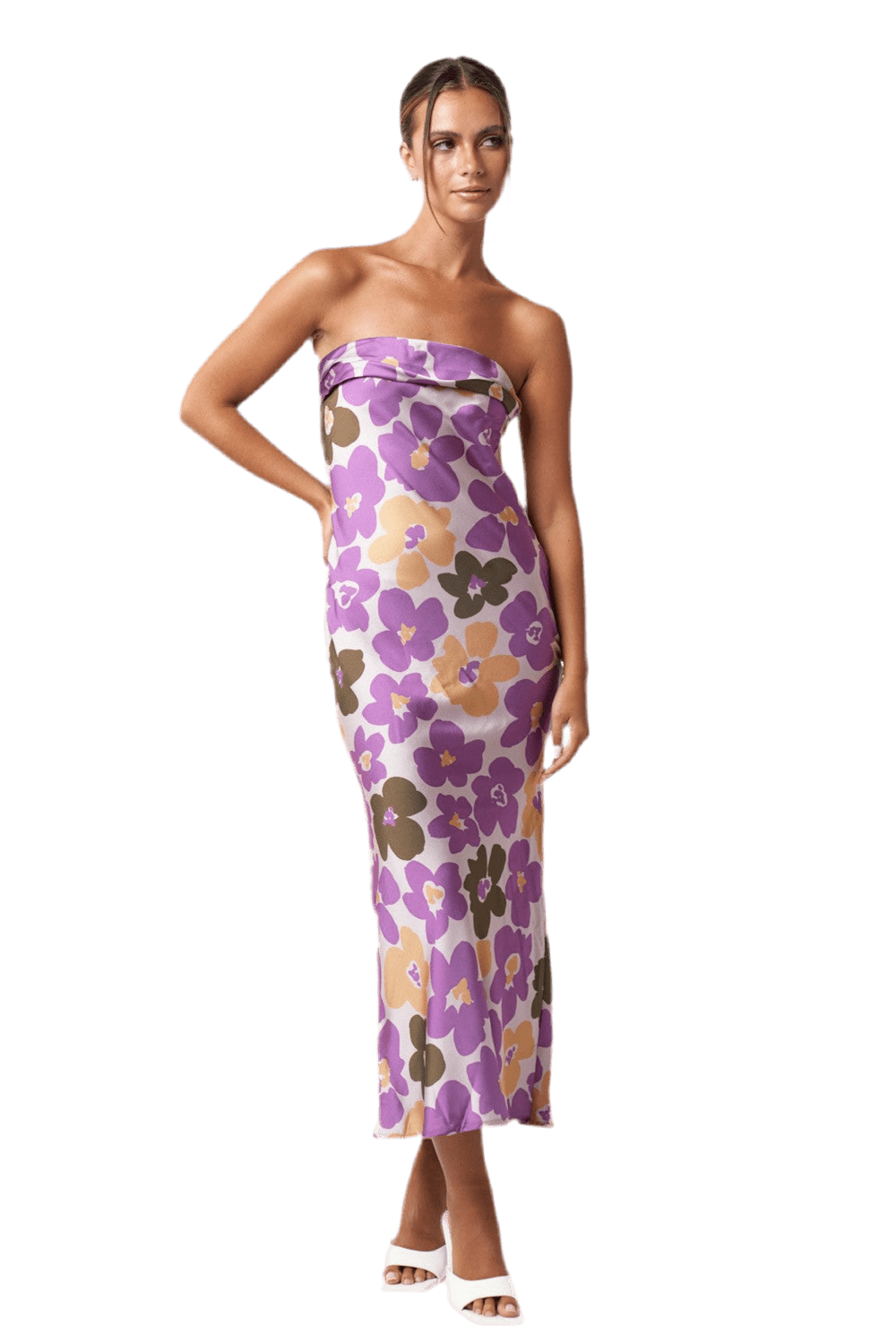 FLOWER PRINT SATIN MIDI TUBE DRESS