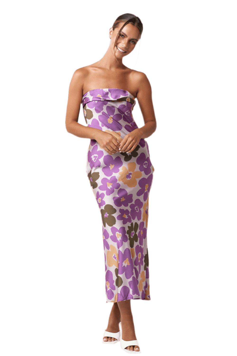 FLOWER PRINT SATIN MIDI TUBE DRESS