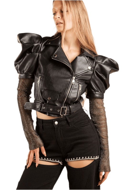 Leather jacket with rhinestone sleeves