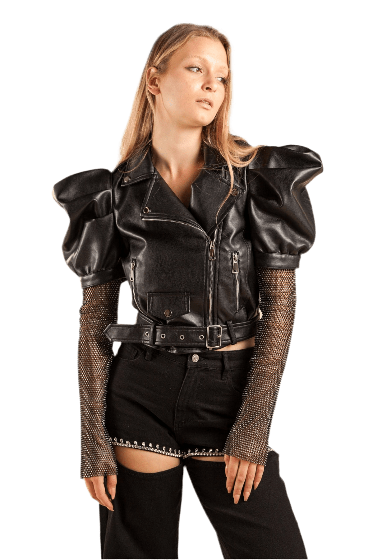 Leather jacket with rhinestone sleeves