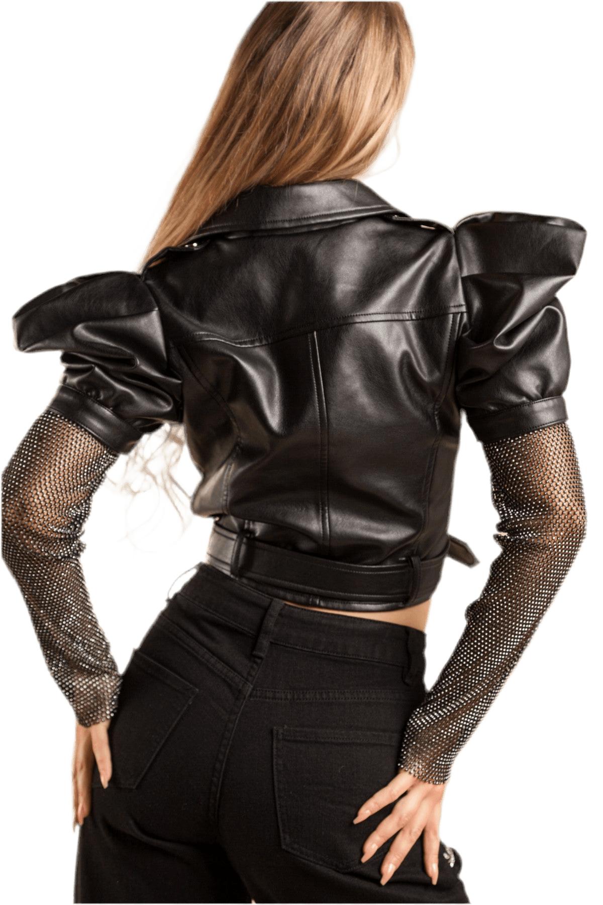 Leather jacket with rhinestone sleeves