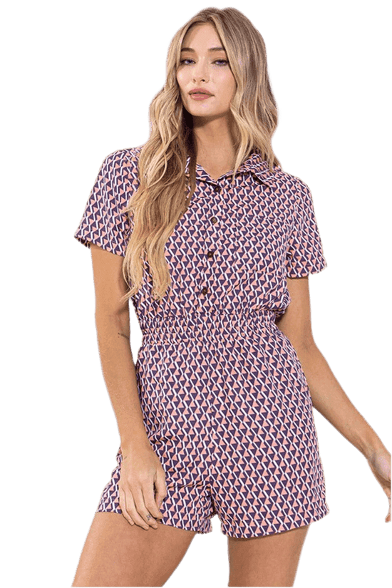 Geo Print Romper - Short-Sleeve Button-Down Style - Akana Style