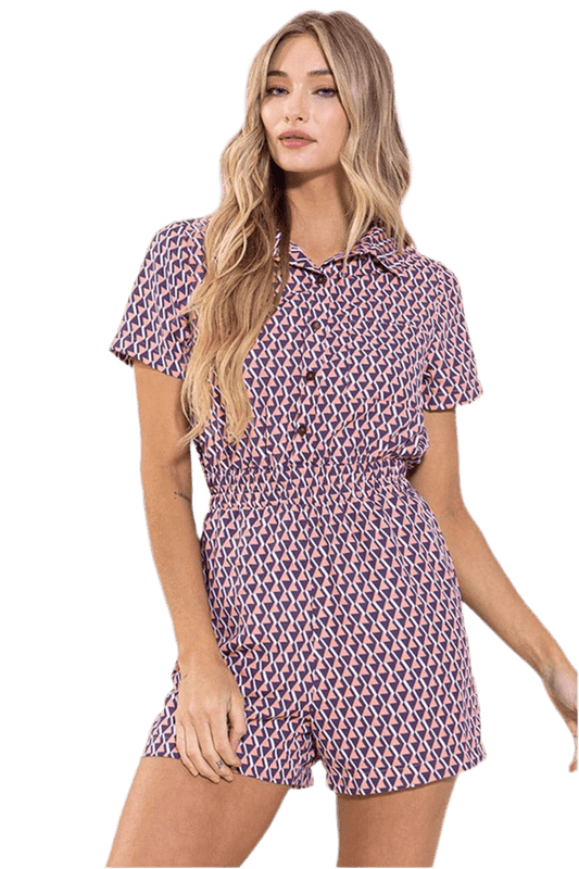 Geo print short-sleeve button-down romper