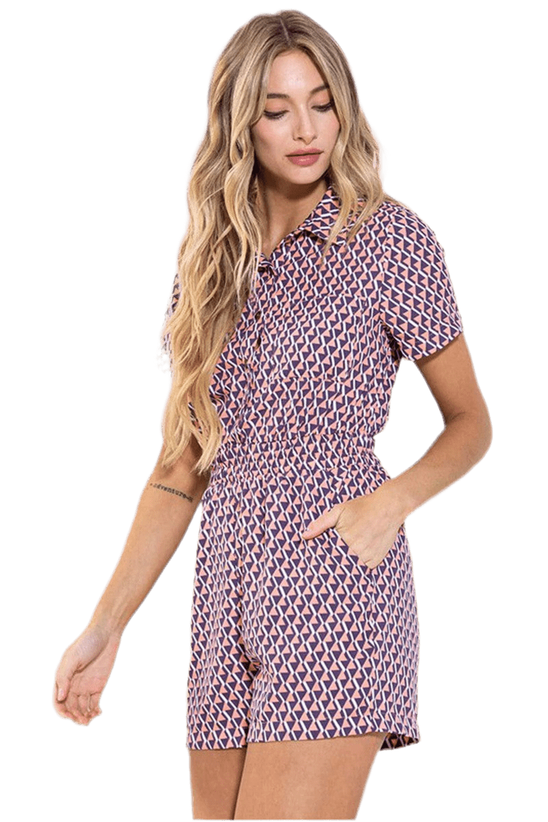 Geo print short-sleeve button-down romper