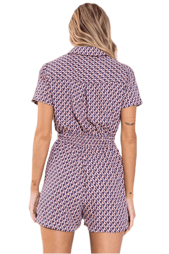Geo Print Romper - Short-Sleeve Button-Down Style - Akana Style
