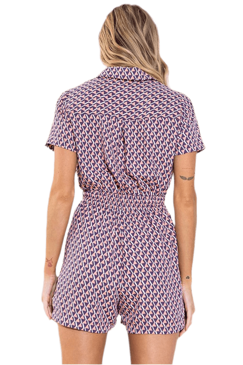 Geo print short-sleeve button-down romper