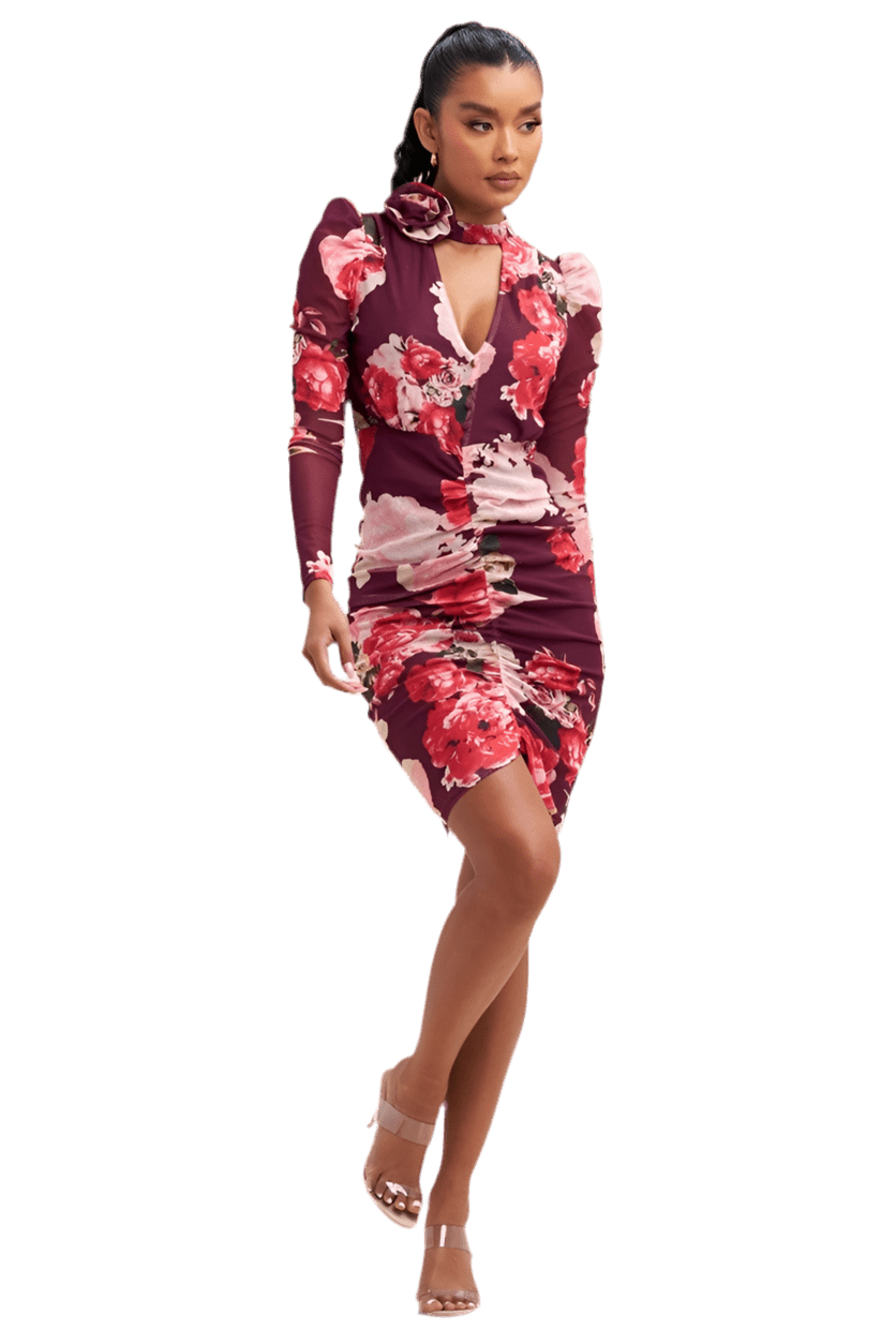 ROSE MESH SHIRRED MIDI DRESS