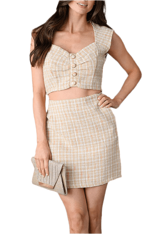 SHORT SLEEVE TOP AND MINI SKIRT TWEED SET