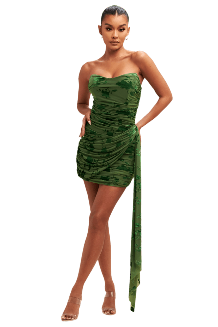 VELVET BURNOUT DRAPE DRESS