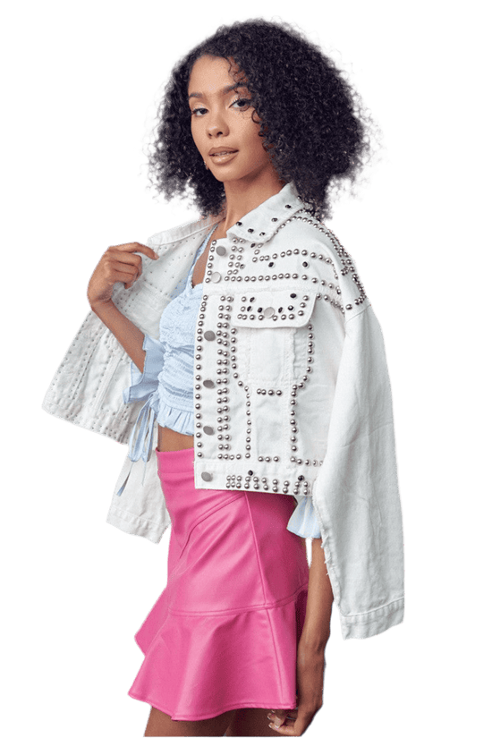 White Oversized Denim Jacket with Studded Detail for Trendy Street Style - Akana