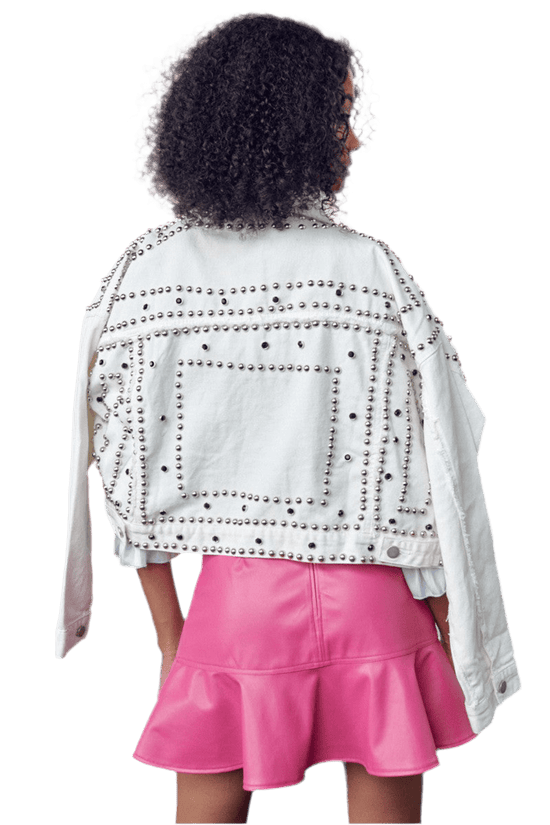 White Oversized Denim Jacket with Studded Detail for Trendy Street Style - Akana