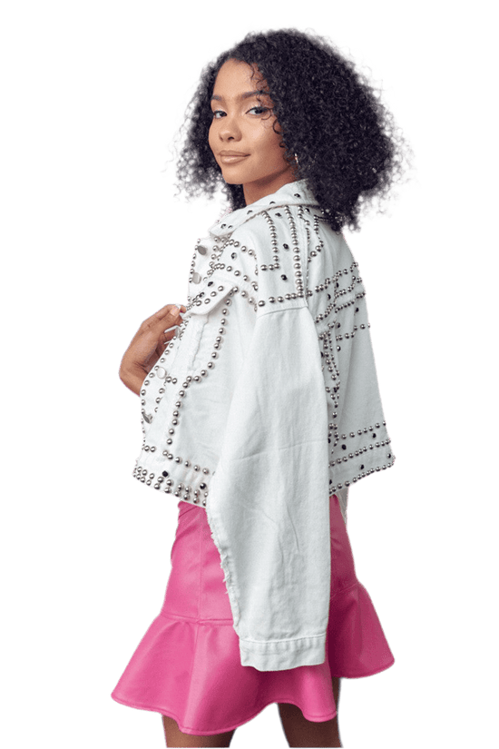 White Oversized Denim Jacket with Studded Detail for Trendy Street Style - Akana
