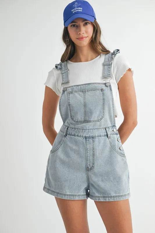 Square Neck Denim Overall Romper with Ruffle Shoulders - Akana Style