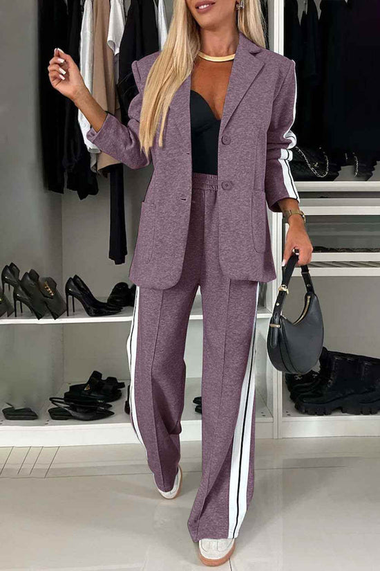 Full Size Contrast Lapel Collar Set - Stylish Top and Pants Outfit - Akana Style
