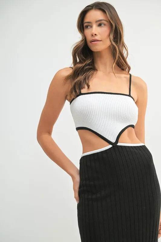 Ribbed Knit Color Block Dress with Cutout - Stylish Midi Dress - Akana Style