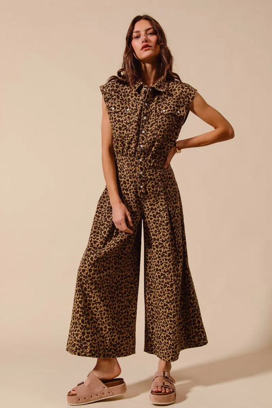 Wide Leg Leopard Twill Overalls Jumpsuit with Tuck - Akana