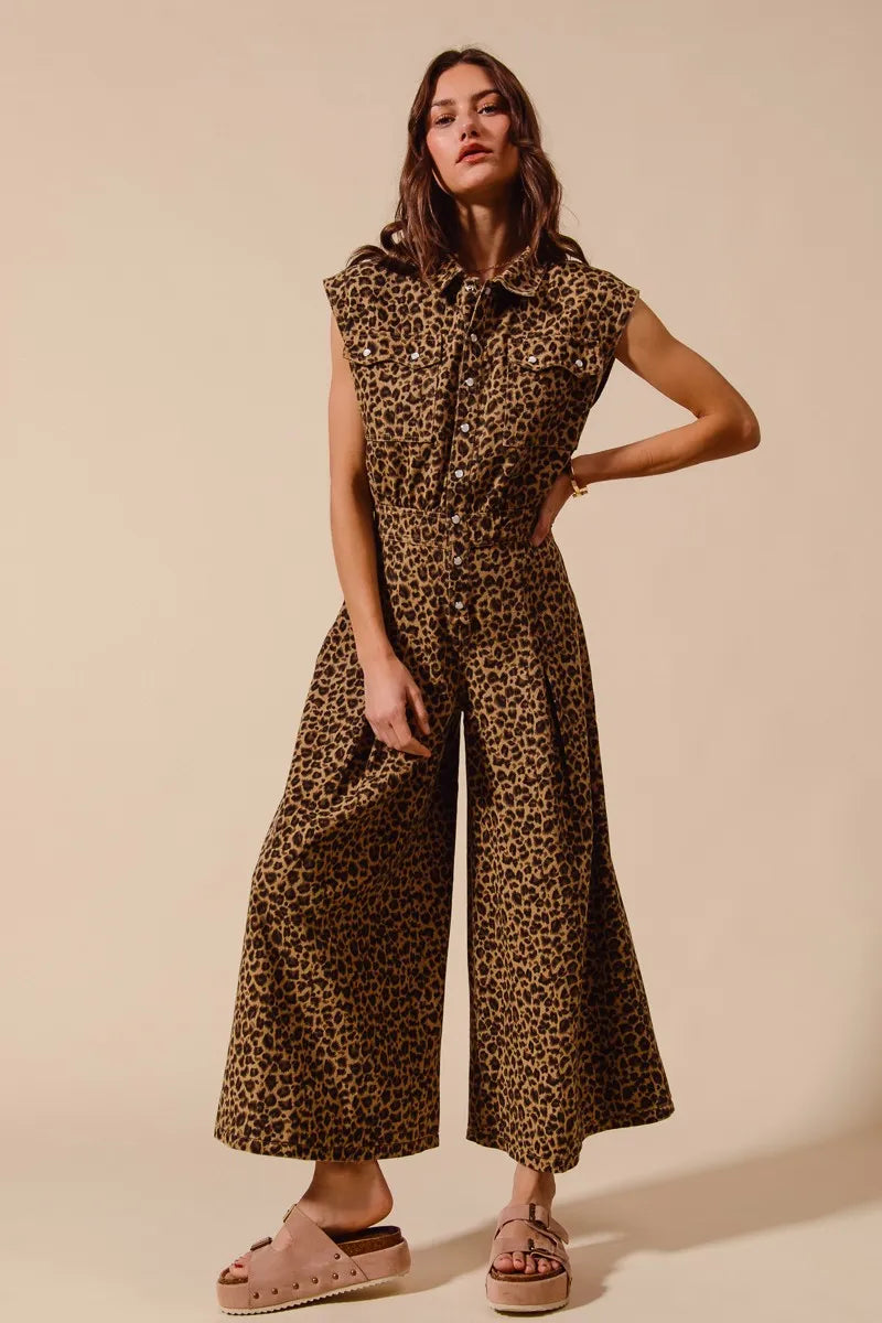 Wide Leg Leopard Twill Overalls Jumpsuit with Tuck - Akana