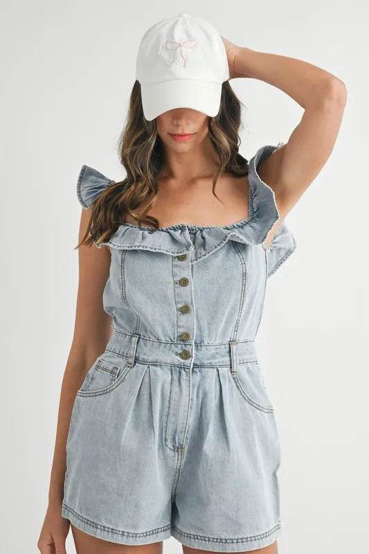 Off Shoulder Denim Romper with Ruffle Detail - Akana Style
