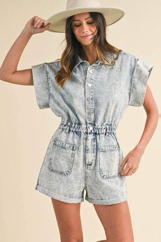 Elastic Waistband Denim Romper for Ultimate Comfort and Style - Akana Style