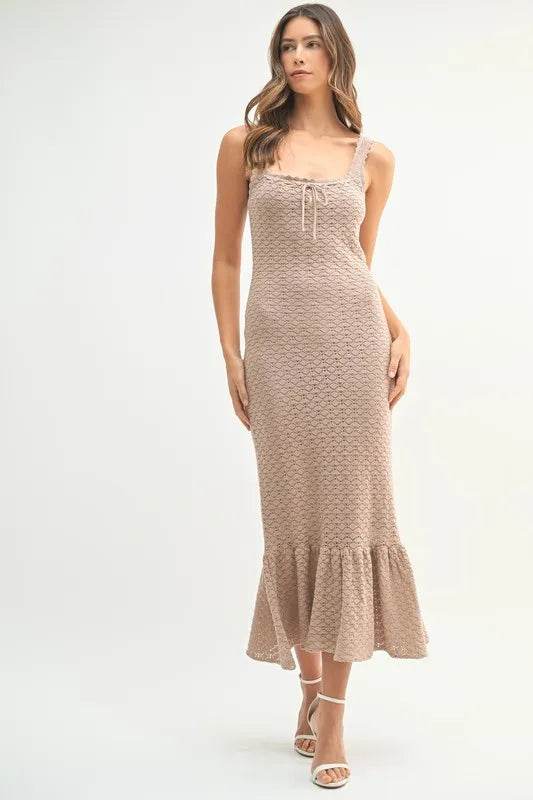Ruffled Hem Crochet Knit Midi Dress for Effortless Style - Akana Style