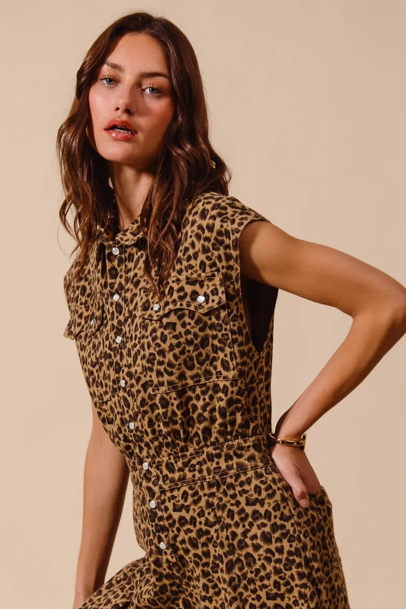 Wide Leg Leopard Twill Overalls Jumpsuit with Tuck - Akana