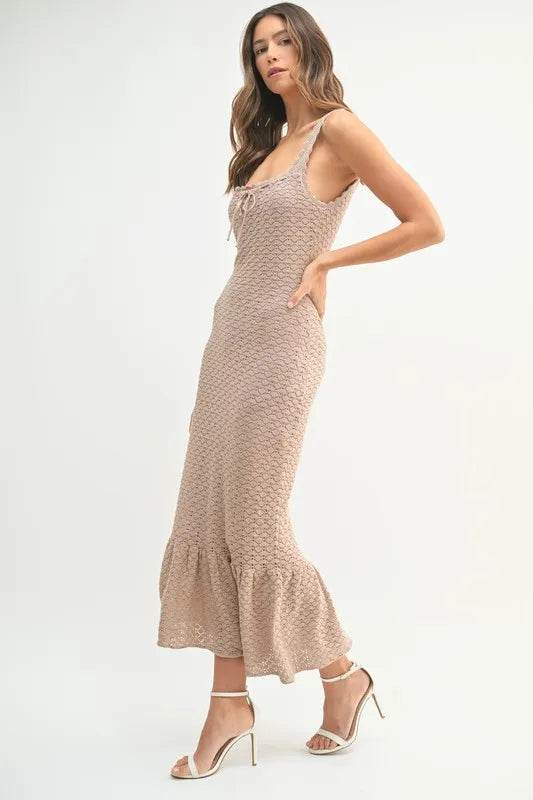 Ruffled Hem Crochet Knit Midi Dress for Effortless Style - Akana Style