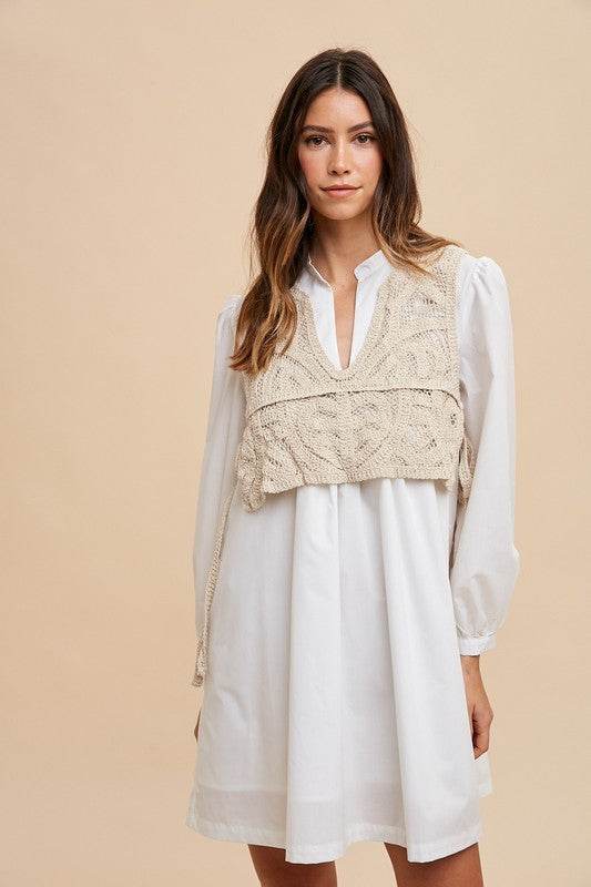 Crochet Vest Notched Long Sleeve Shirt Dress - Stylish Crochet Vest Dress - Akana Style