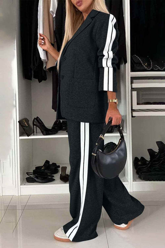 Full Size Contrast Lapel Collar Set - Stylish Top and Pants Outfit - Akana Style
