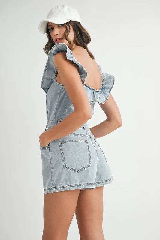 Off Shoulder Denim Romper with Ruffle Detail - Akana Style