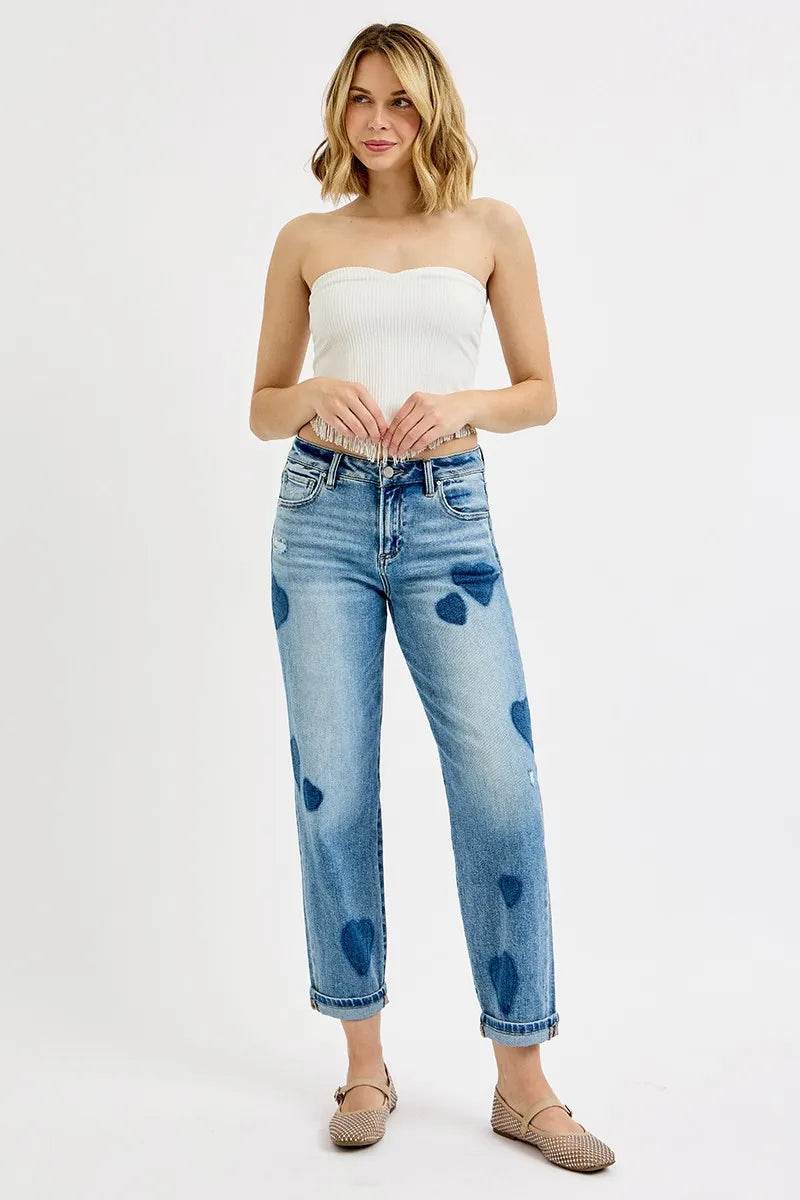 RISEN Plus Size Boyfriend Jeans - Full Size Mid Rise Fit with Heart Shade - Akana Style