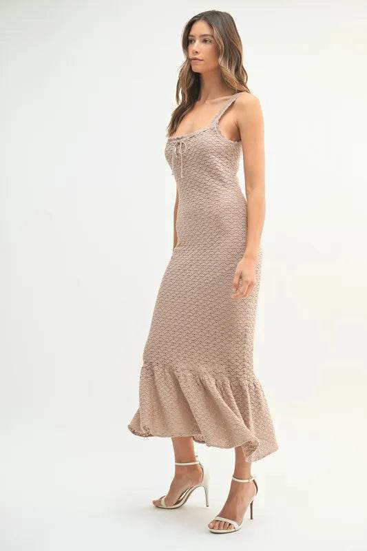 Ruffled Hem Crochet Knit Midi Dress for Effortless Style - Akana Style
