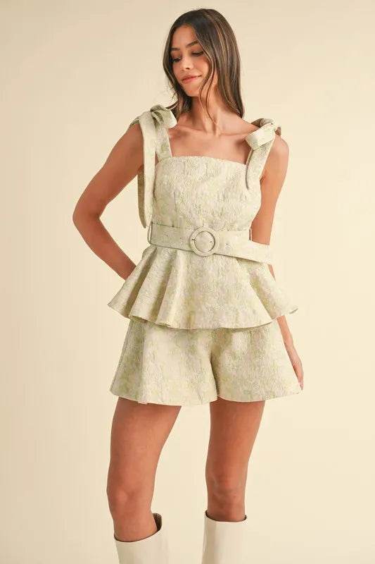 Jacquard Floral Peplum Set with Flare Shorts for Stylish Summer Outfits - Akana Style