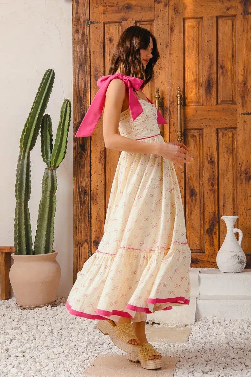 Ribbon Maxi Dress with Contrast Trim for Effortless Style - Akana Style