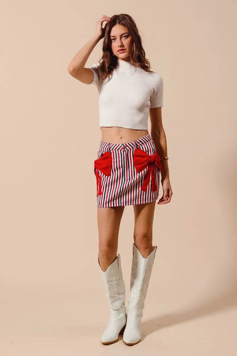 Contrast Bow Knot Pocket Fourth Of July Denim Skirt - Akana Style