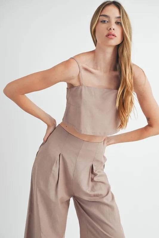 Linen Mix Crop Cami Pants Set with Wide Leg Pants - Akana Style