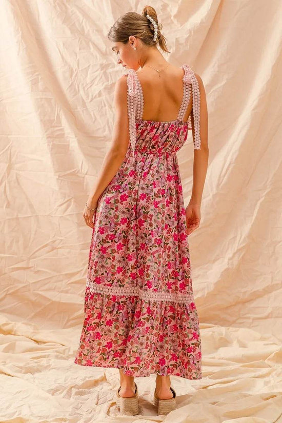 Floral Maxi Dress With Ribbon Tie Lace Strap - Akana Style