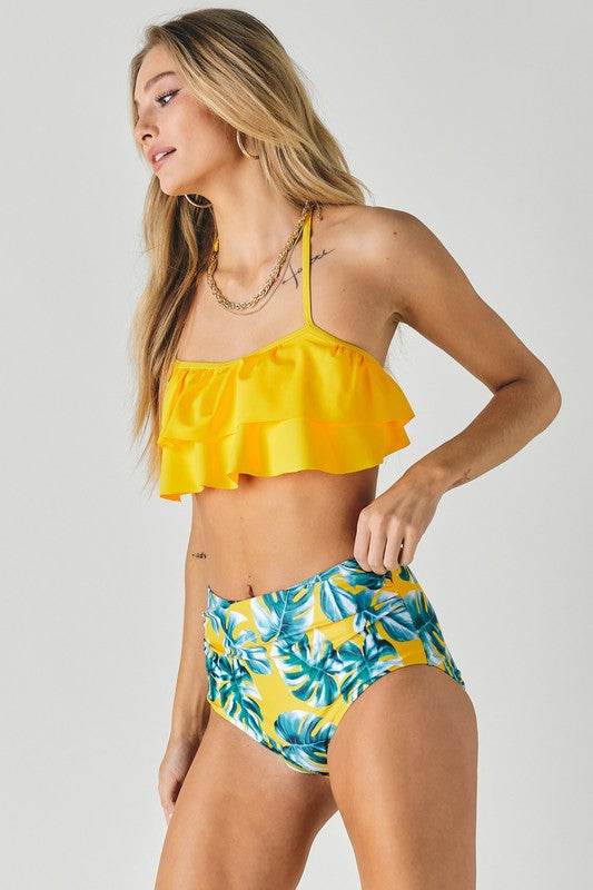 Solid Ruffle Top Printed Bottom Swimsuit for Stylish Summer Adventures - Akana Style