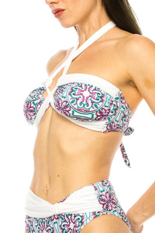 Two Piece Floral Print Criss Cross Halter Bikini for Stylish Summers - Akana Style