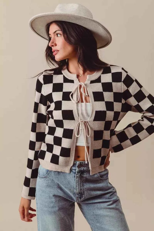 SO ME Tie Front Checkered Knitted Round Neck Cardigan