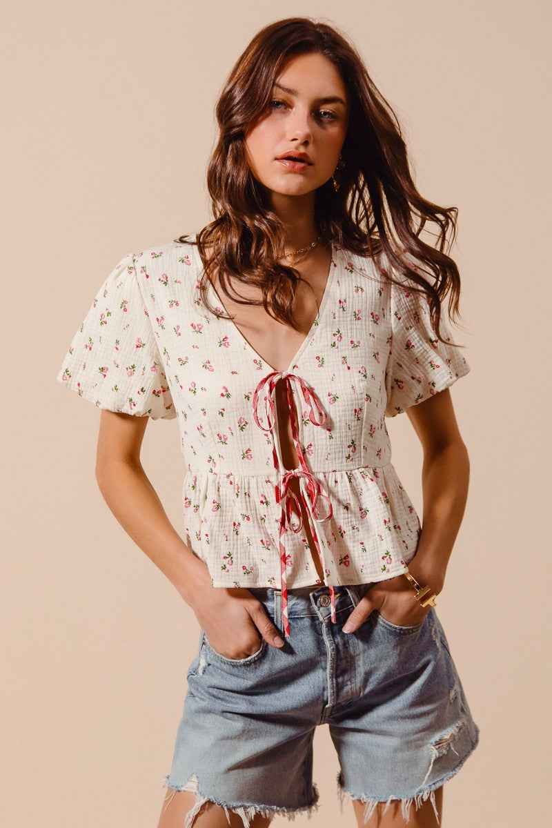 Ditsy Floral Print Gauze Tie-Front Blouse