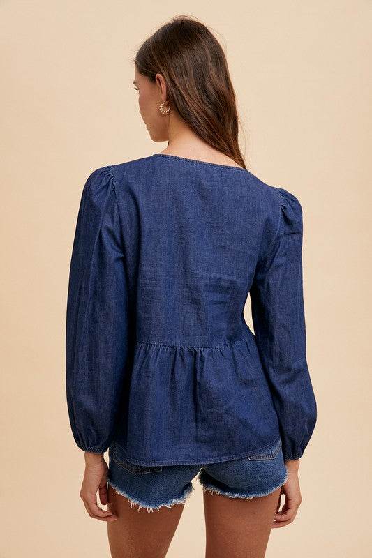 Tie Front Peplum Denim Top with Long Sleeves - Akana Style