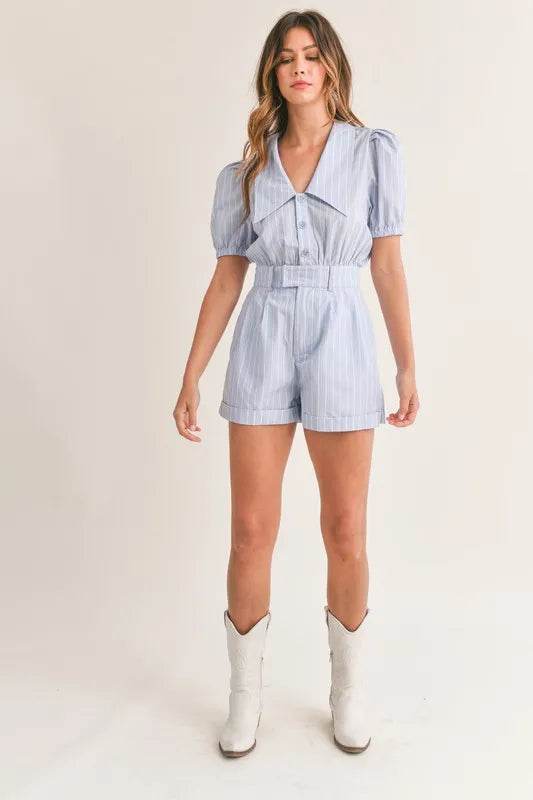 Striped Puff Sleeve Romper with Collared Neck - Akana Style
