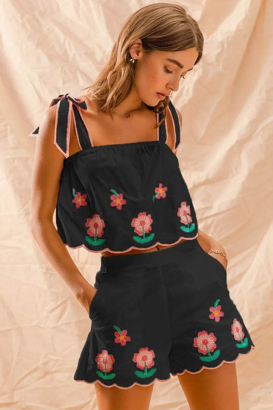 Flower Embroidered Tank Top Set with Shorts for Stylish Summer Looks - Akana Style