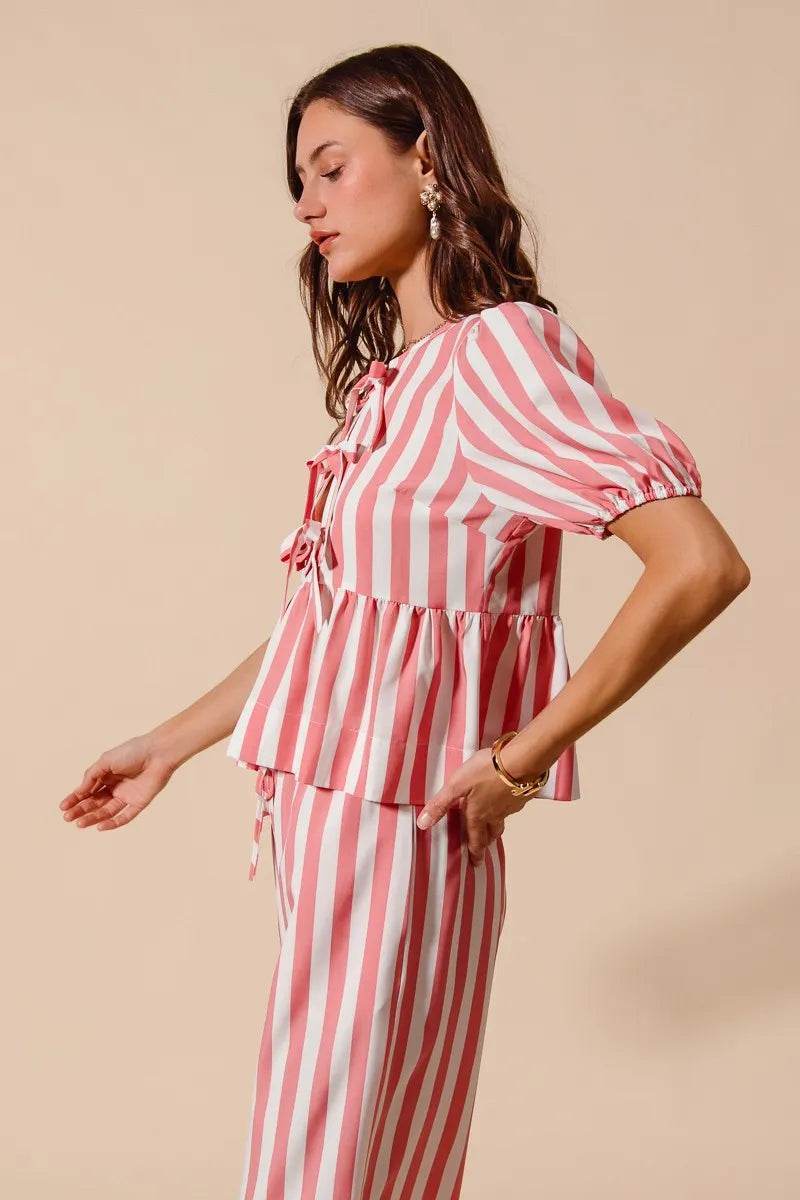 Front Tie Stripe Top Set with Puff Sleeves and Wide Leg Pants - Akana Style