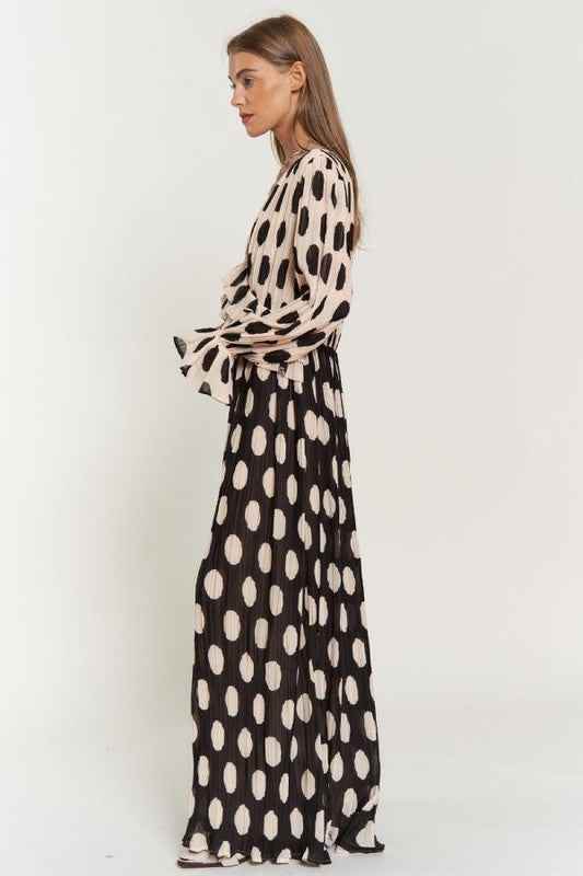 Polka Dot Maxi Dress with Ruffled Long Sleeves and Pleated Design - Akana Style