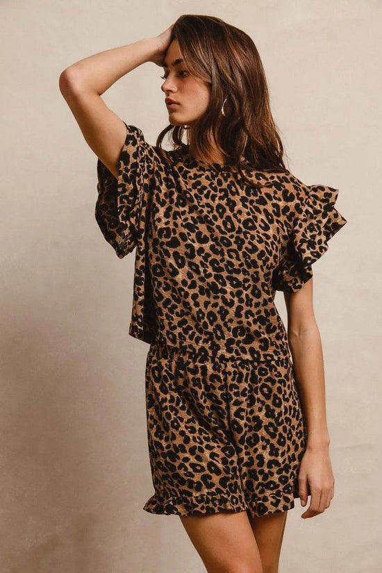 Leopard Print Ruffle Sleeve Set with Waffle Texture Layered Top and Shorts - Akana Style